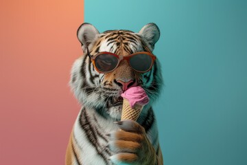 Tiger wearing sunglasses holds ice cream cone on colorful studio background. Majestic feline relaxes with sweet treat in mouth. Fun and playful animal portrait on vibrant blue and pink backdrop.