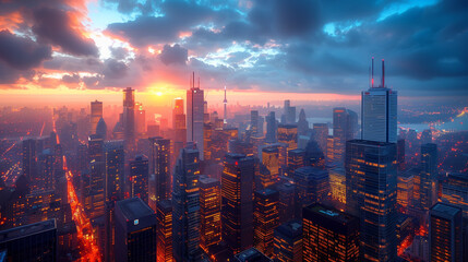 Obraz premium Stunning Urban Skyline at Sunset, Vibrant Cityscape, Evening Lights with Copy Space