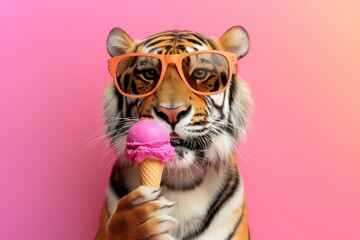 Tiger wearing orange sunglasses holds pink ice cream cone against bright pink background. Focused on camera with open mouth showing treat. Fun and playful animal portrait in colorful studio setting.