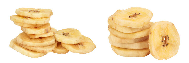 Dried banana chips isolated on white background with full depth of field