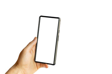 left male hand with a phone on a transparent background, blank smartphone screen