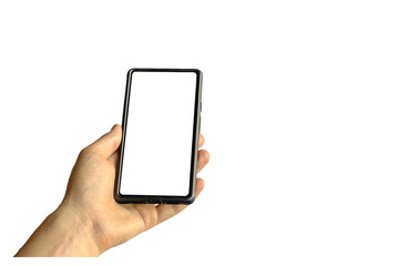 left male hand with a phone on a transparent background, blank smartphone screen