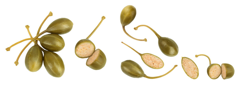 Capers isolated on white background. Pickled or canned capers. Top view with copy space for your text. Flat lay