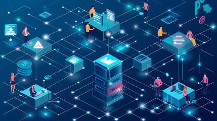 Cartoon people work with cryptocurrency, exchange, trade. People interacting with digital interfaces. Processor chip, tech environment, blockchain concept.