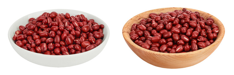 Red adzuki beans in ceramic and wooden bowl isolated on white background