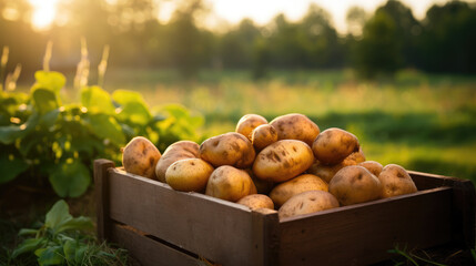 Crate full of freshly harvested potatoes during golden hour