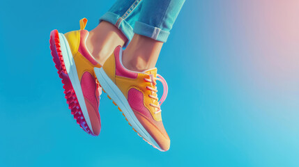 Woman wearing colorful sneakers is jumping against blue sky
