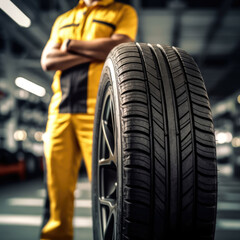 Mechanic standing with arms crossed holding a tire in a service station