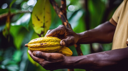 Farmer holding fresh cocoa fruit in plantation