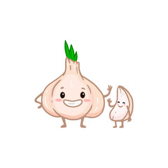 cute cartoon garlic in flat style isolated on white background. Funny little garlic character.