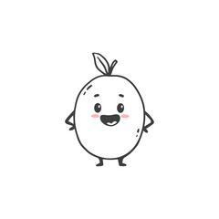 Cute cartoon plum with smile isolated on white background. Funny character plum in doodle style. 