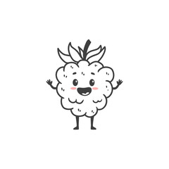 Cute cartoon raspberry with smile isolated on white background. Funny character raspberry in doodle style. 