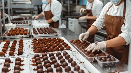 A person is making chocolate truffles in a factory. The truffles are in different shapes and sizes, and the person is using gloves to handle them