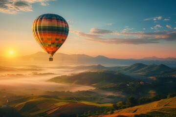 Hot Air Balloon Floating at Sunrise Over Hills