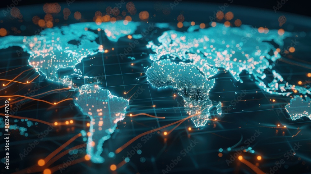 Poster a computer generated image of the world with a blue and orange color scheme. the image is of a globe
