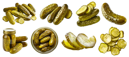 Pickles, Pickled gherkins, Preserved Marinated cucumbers vegetable, many angles and view front pile slice isolated on transparent cutout, PNG file. Mockup template for artwork graphic design