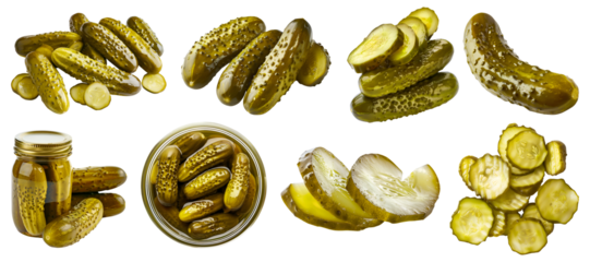 Pickles, Pickled gherkins, Preserved Marinated cucumbers vegetable, many angles and view front pile slice isolated on transparent cutout, PNG file. Mockup template for artwork graphic design