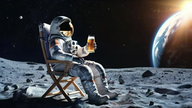 Astronaut relaxing with drink on Moon, moons in backdrop, showcasing space exploration and leisure