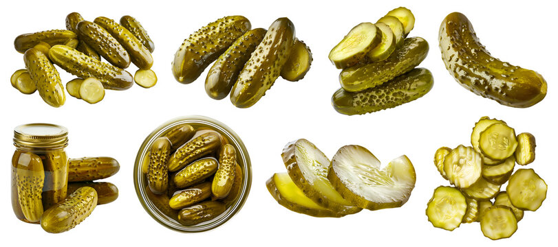 Pickles, Pickled gherkins, Preserved Marinated cucumbers vegetable, many angles and view front pile slice isolated on transparent cutout, PNG file. Mockup template for artwork graphic design