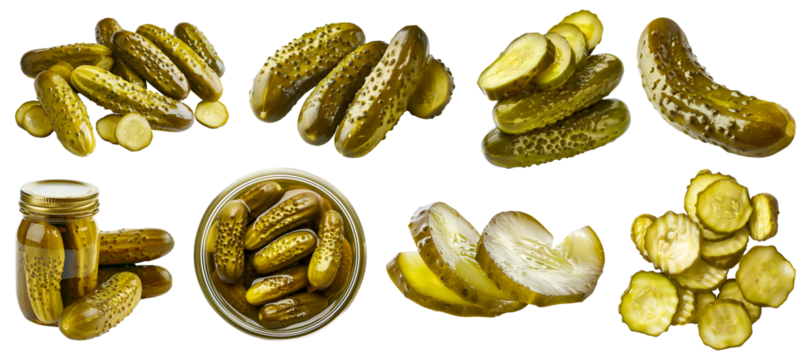 Pickles, Pickled gherkins, Preserved Marinated cucumbers vegetable, many angles and view front pile slice isolated on transparent cutout, PNG file. Mockup template for artwork graphic design