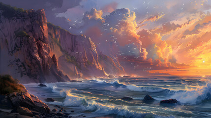 Naklejka premium Scenic coastal cliffs with dramatic rock formations, crashing waves, and a sunset sky, capturing the majesty and power of nature.