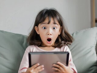 A young girl is sitting on a couch with a tablet in her hands, looking surprised. Concept of curiosity and excitement, as the girl appears to be engaged in something unexpected or interesting