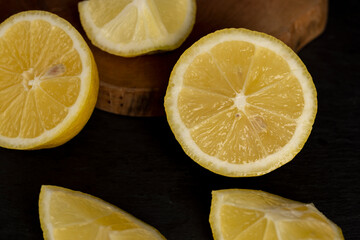 close-up of a table with slices of yellow lemon