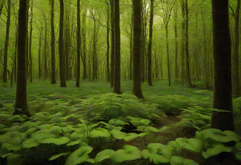 Obraz premium Lush Green Forest with Dense Foliage and Sunlit Canopy