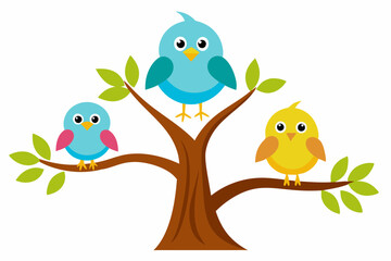 Cute cartoon bird on tree vector illustration on white background