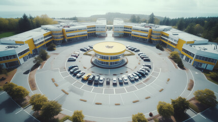 Illustration, Arial view of School, Buses and parking setup ~ Created using Generative AI