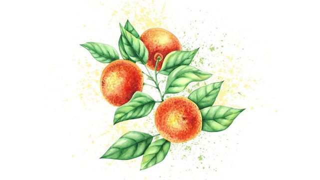 Hand-painted tangerines gradually appearing in splashes. Watercolor hand-painted Mandarin with leaves on a white background come closer and further away.