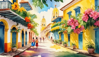 Fototapeta premium Calles coloniales cartagena de indias colombia acuarela