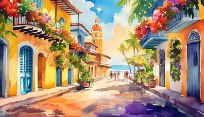 Fototapeta premium Calles coloniales cartagena de indias colombia acuarela