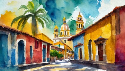 Fototapeta premium Calles coloniales cartagena de indias colombia acuarela