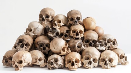 close up side view on human skull pile heap on white background