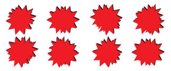 Red starburst sticker set. Price sticker, sale sticker, price tag, starburst, quality mark, retro silhouette. Sunburst retro sale badge, quality signs, sale icons. star blank label