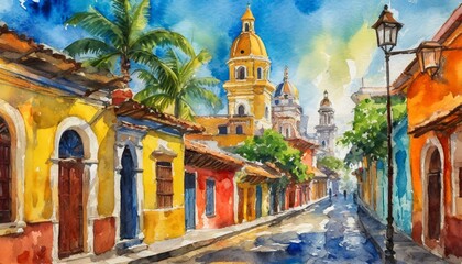 Calles coloniales cartagena de indias colombia acuarela