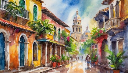 Naklejka premium Calles coloniales cartagena de indias colombia acuarela