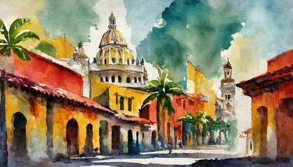 Calles coloniales cartagena de indias colombia acuarela