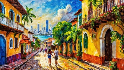 Fototapeta premium Calles coloniales cartagena de indias colombia acuarela