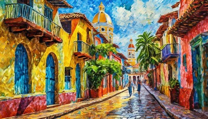 Fototapeta premium Calles coloniales cartagena de indias colombia acuarela
