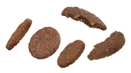 Wholegrain with rolled oats and chocolate flying, isolated on white