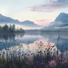 Tranquil Lakeside Sunsets with Mountain Views and Wildflowers