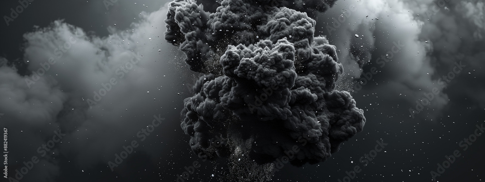 Wall mural black smoke explosion on white background, 3d rendering illustration of an exploding cloud with blac