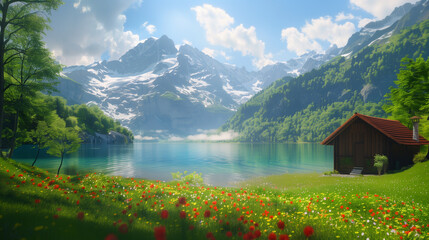 Fototapeta premium relaxing mountain view meadow wildflowers grassland