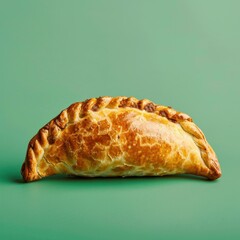 Scrumptious and flaky baked golden brown beef pasty on a green background