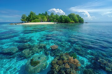 A tropical island with white sandy beaches, crystal-clear water, and colorful coral reefs visible through the water.