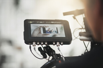 Screen, recording and person with videography in shooting for selfie, bonding and creative project. Streaming, production and man with phone by kid for media, content and commercial in family love