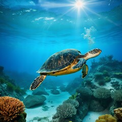 A turtle swims underwater, showing its underside, surrounded by vibrant coral reefs and marine life.