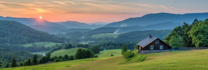 Fototapeta premium Panoramic view of a serene landscape with a wooden house, rolling hills, and a sunset
